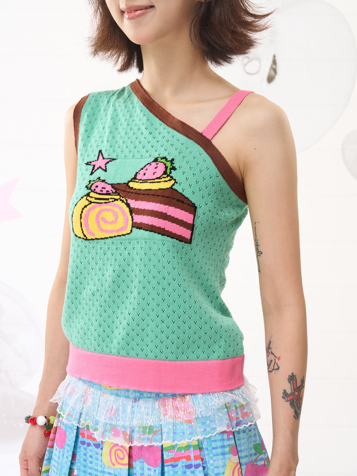 FRUITS Strawberry Cake Knit Tank | Hollowout Kawaii One-Shoulder Top camisole Fruits
