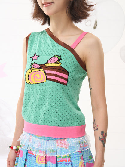 FRUITS Strawberry Cake Knit Tank | Hollowout Kawaii One-Shoulder Top camisole Fruits