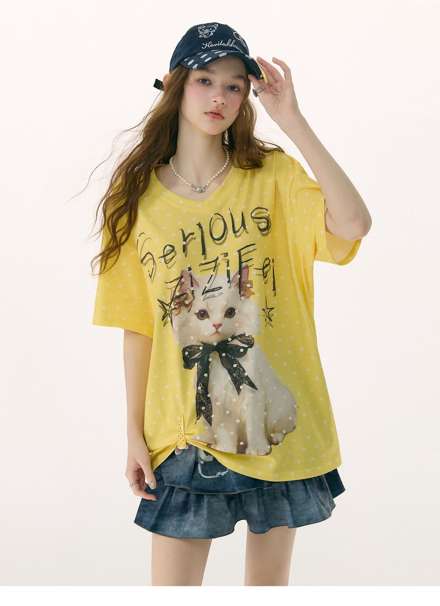 ziziFei - California Dream Cat Print V-Neck Tee tshirt ziziFei