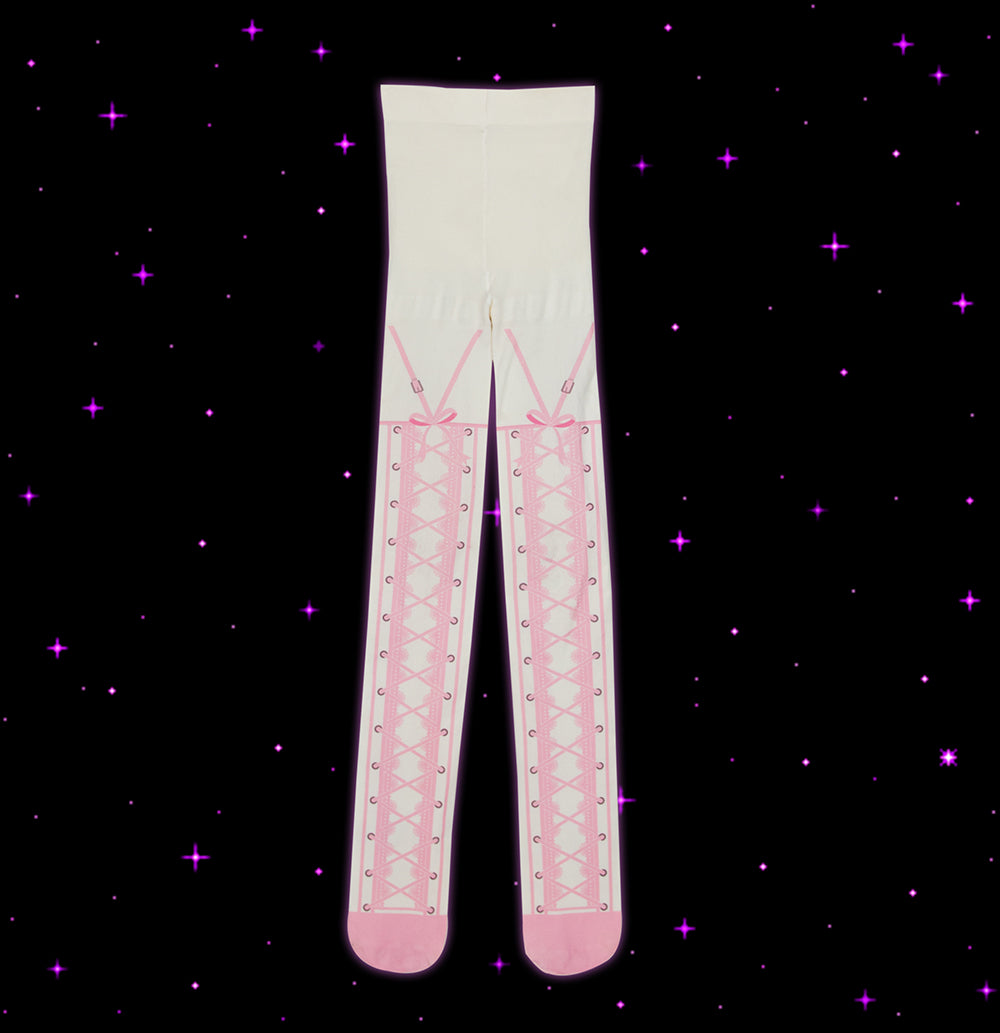 NIHON KIDS - Decora Kei Pink Ribbon Velvet Tights tights NIHON KIDS