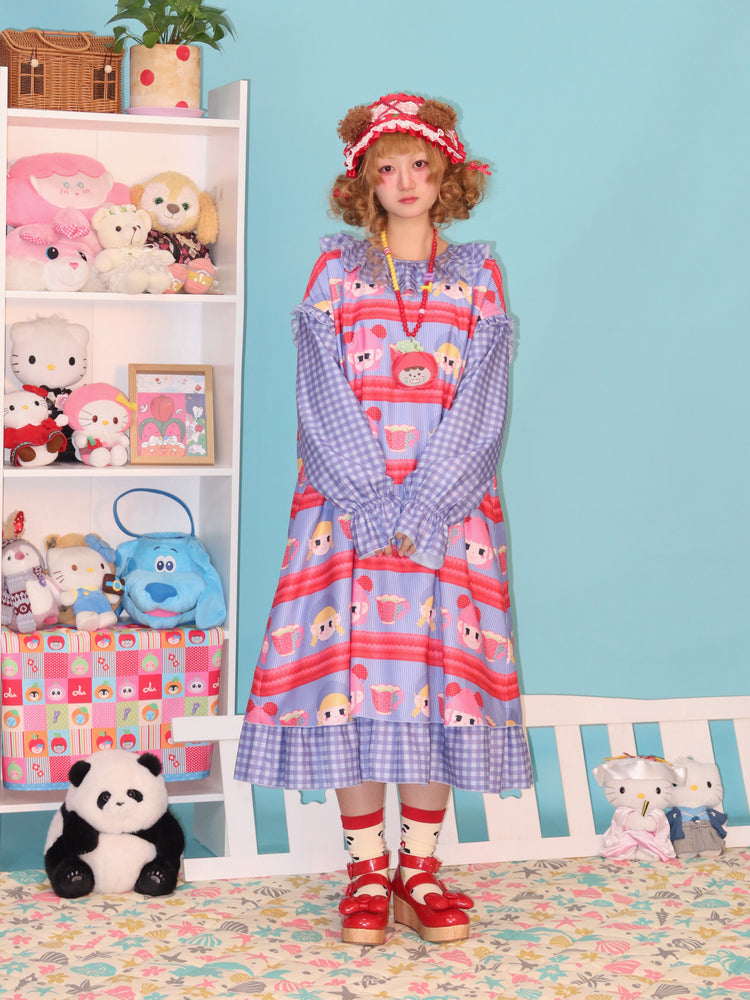LULULULU - Retro Doll Head Print Loose Dress with Ruffled Collar dress LULULULU