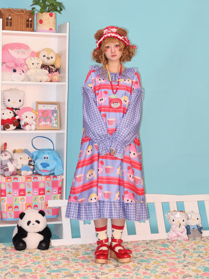 LULULULU - Retro Doll Head Print Loose Dress with Ruffled Collar dress LULULULU
