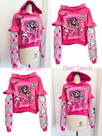 Red Devil Hoodie Decora Kei Hoodie Pink Distressed Hood Ruffle Sleeve Sweatshirt hoodie Red Devil