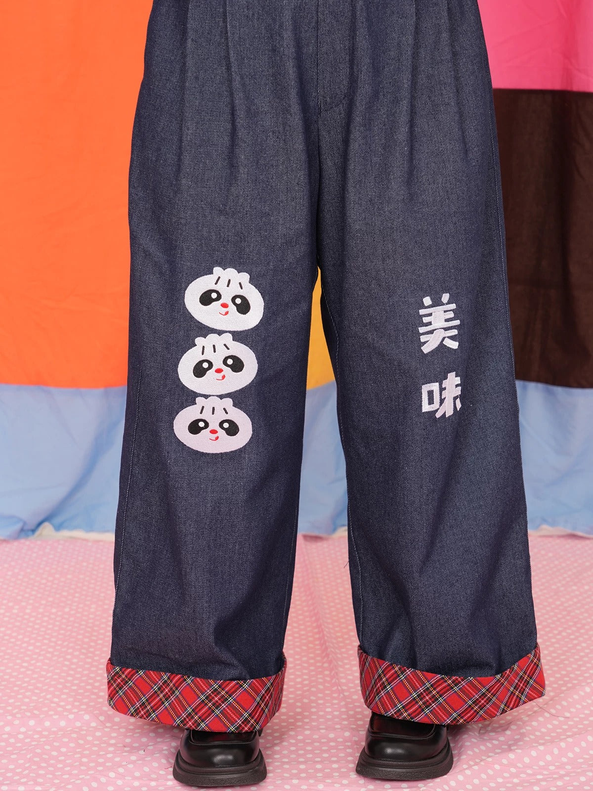 NIKKOU - Steamed Bun Embroidered Wide-Leg Jeans pants Nikkou home