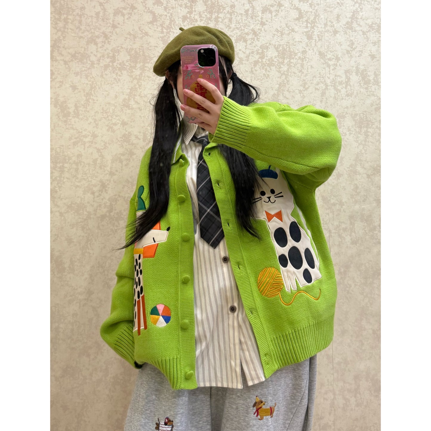 BIBULU - Kidcore Embroidered Cat Vintage Knit Cardigan cardigan BIBULU Green M