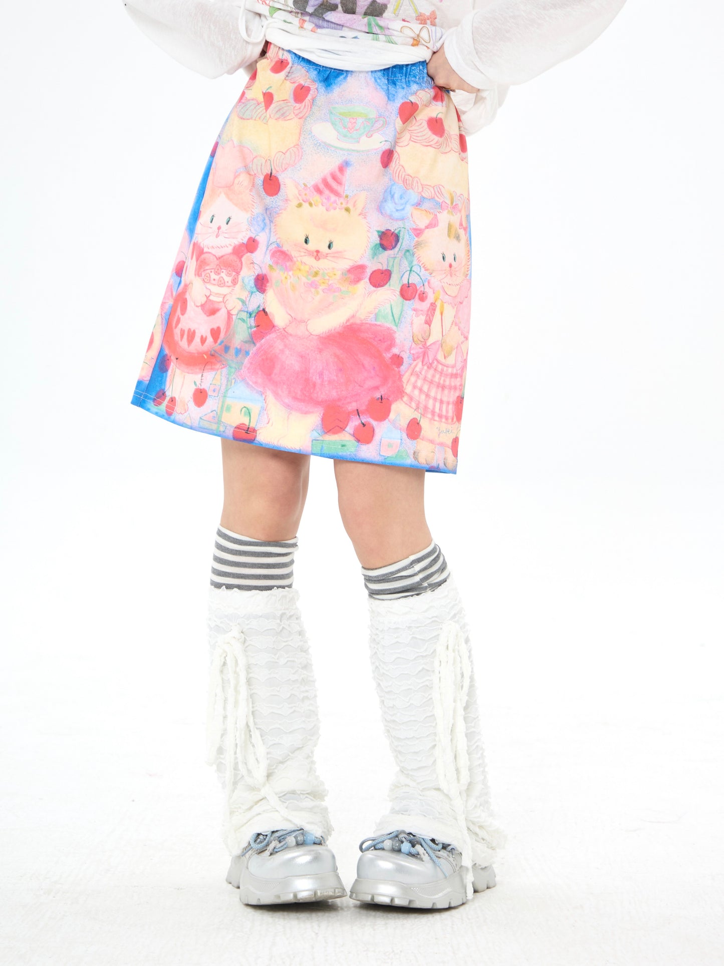 Robootoo - Blue Pink Cat Print Elastic Waist Skirt skirt Robootoo
