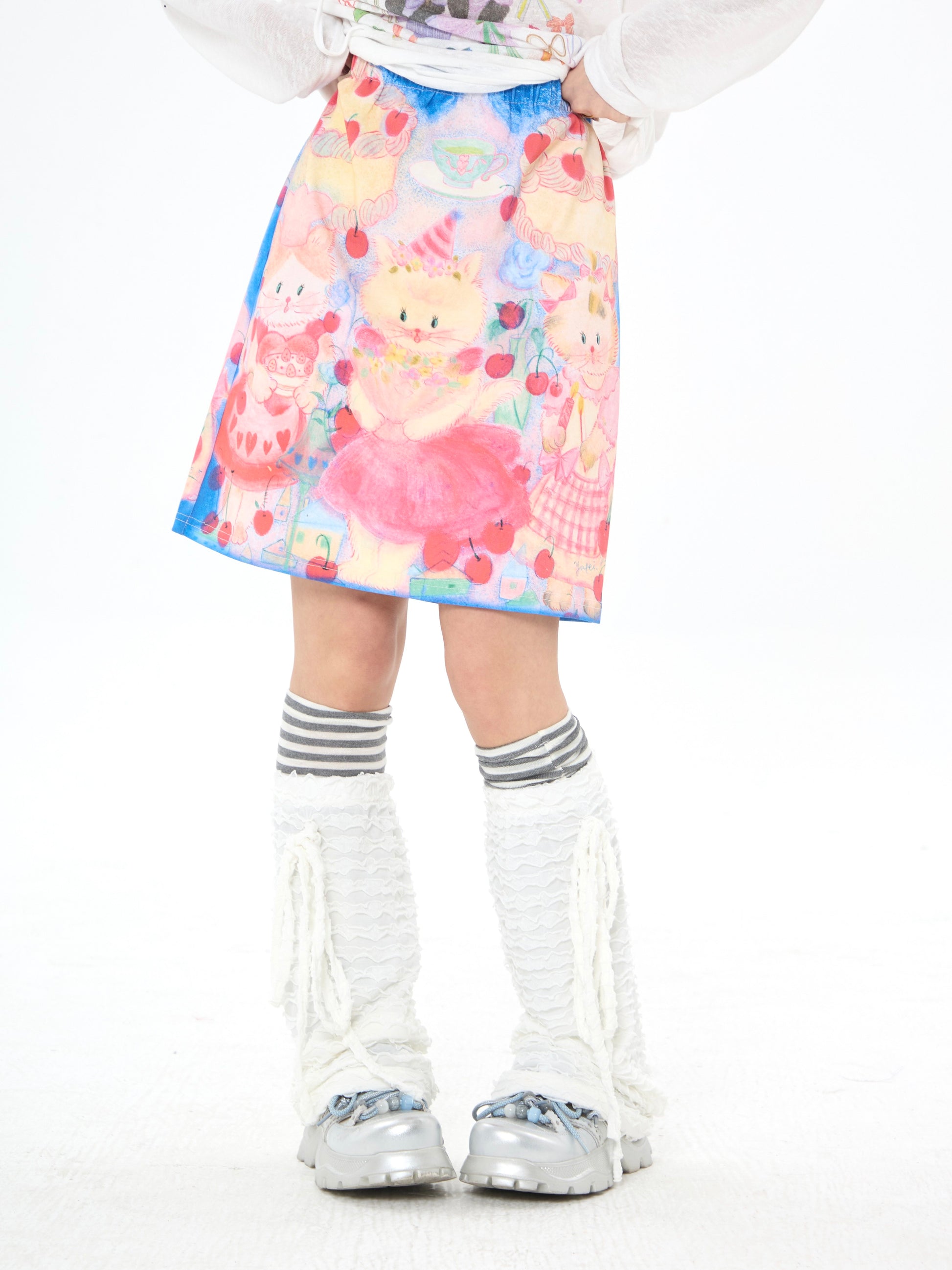 Robootoo - Blue Pink Cat Print Elastic Waist Skirt skirt Robootoo