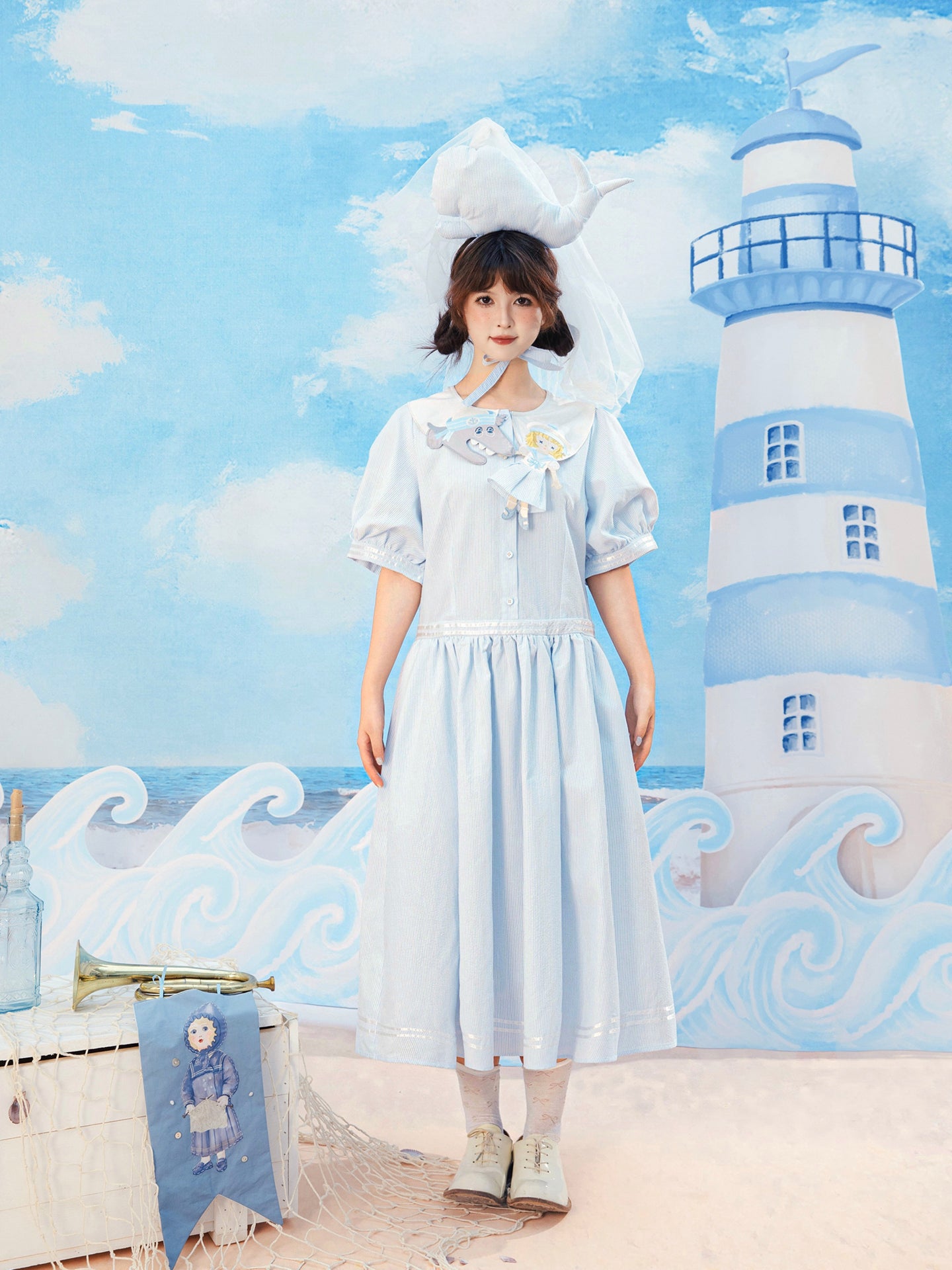 Meugler - Kawaii Dress Blue White Stripes dress Meugler