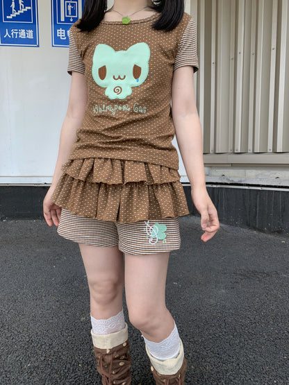 CokoStore - Brown Polka Dot Clover Embroidered Skort skirt coko store