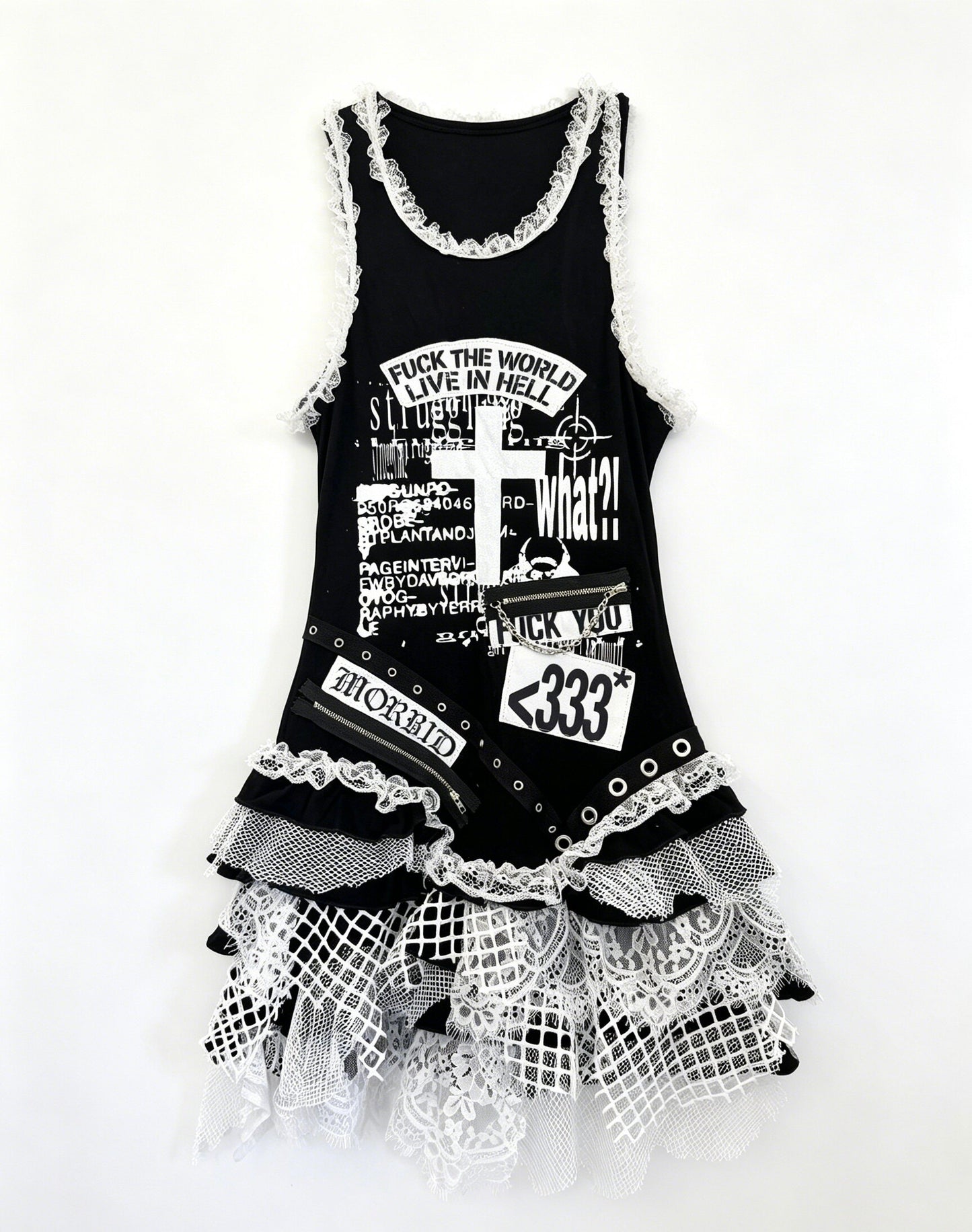 RedDevil朋克蕾丝不规则拼接背心连衣裙女亚文化视觉系背心裙 dress Red Devil Black