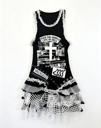RedDevil朋克蕾丝不规则拼接背心连衣裙女亚文化视觉系背心裙 dress Red Devil Black