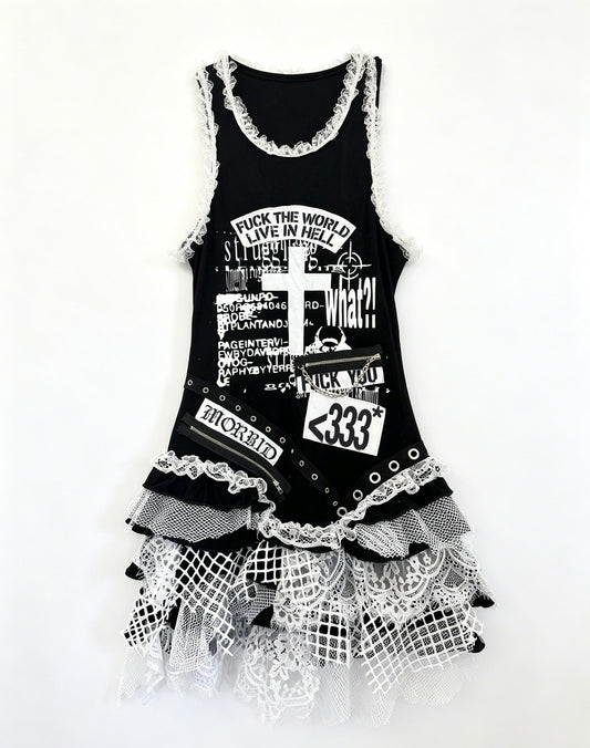 RedDevil朋克蕾丝不规则拼接背心连衣裙女亚文化视觉系背心裙 dress Red Devil Black