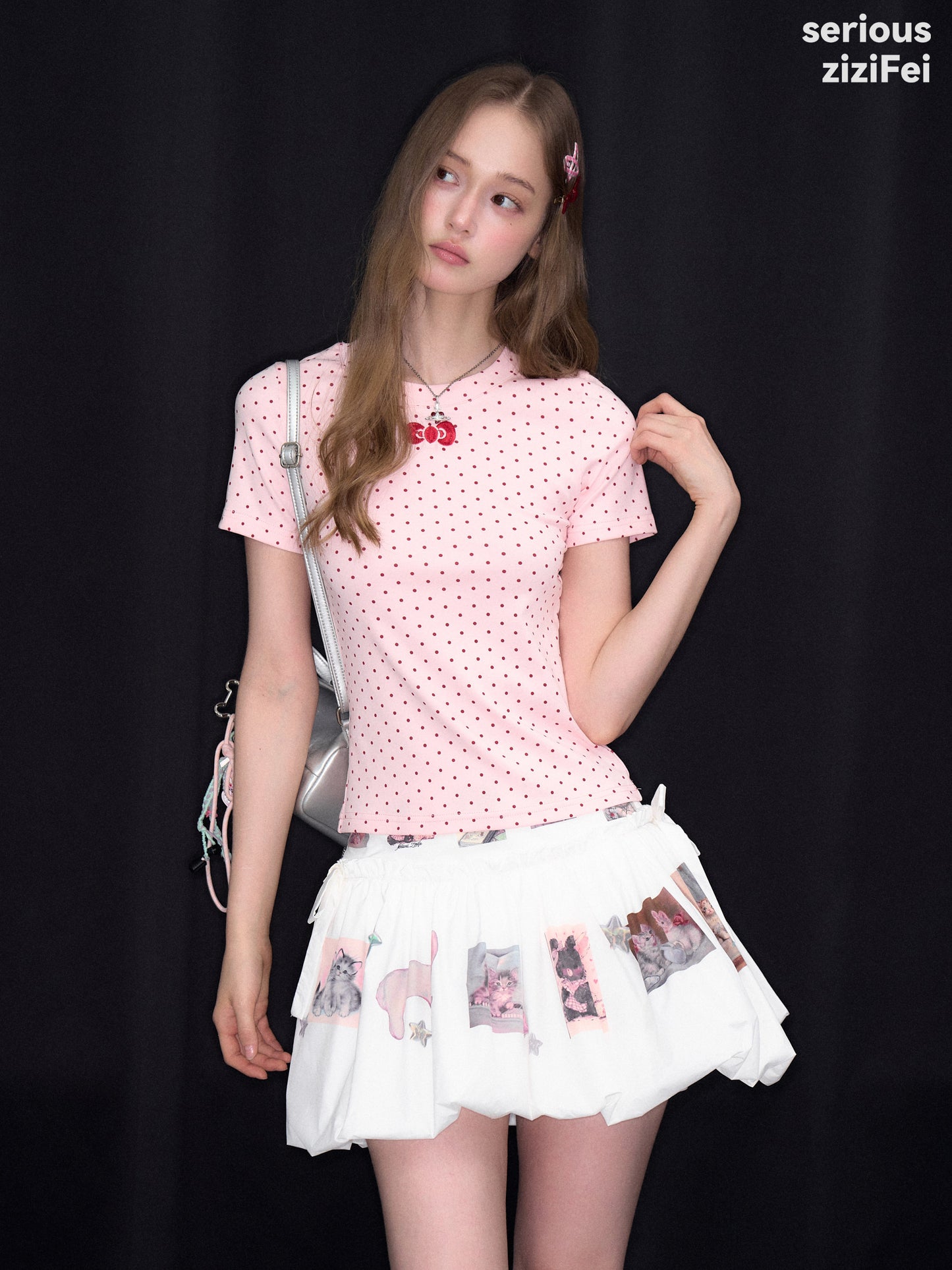ziziFei - Sweet Dessert Bow Polka Dot Knit Tee tshirt ziziFei