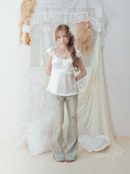 SOS SEAMSTRESS - White Blue Polka Puff Top shirt SOS SEAMSTRESS