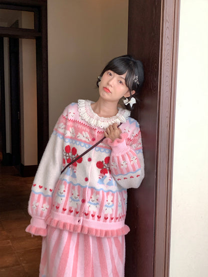 Mameya - Kawaii Pink Bunny Knit Cardigan Skirt Set set Mameya Cardigan
