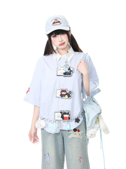 Languid Park - Cat Embroidered Bow Shirt shirt Languid Park Blue M