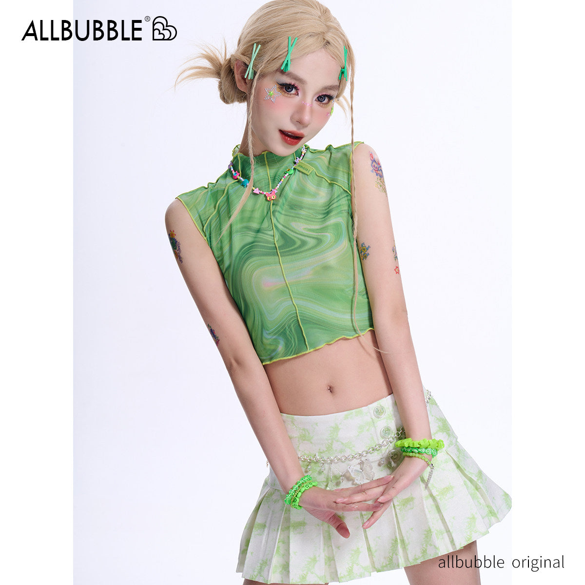 Allbubble - Mint Tie-Dye Mesh Top tank top Allbubble