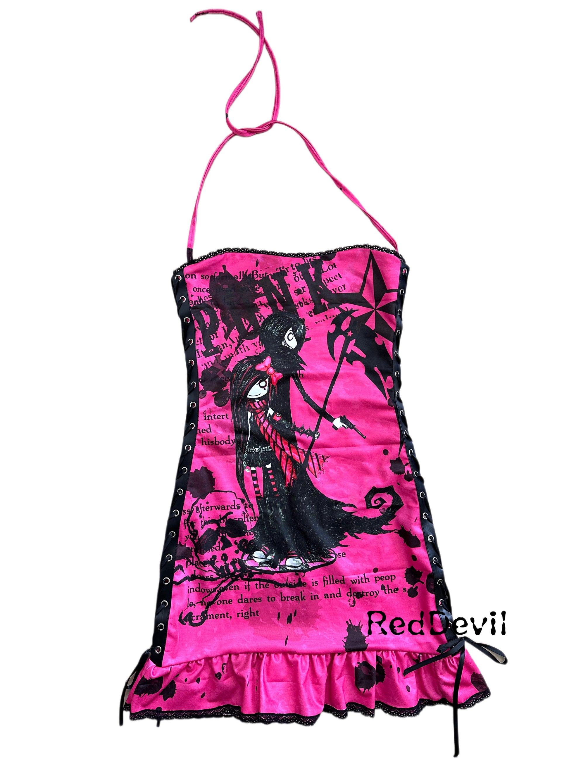 Red Devil Dress Y2K Shibuya Gal Graffiti Bodycon Halter Dress M Red Devil Dress Y2K Shibuya Gal Graffiti Bodycon Halter Dress M