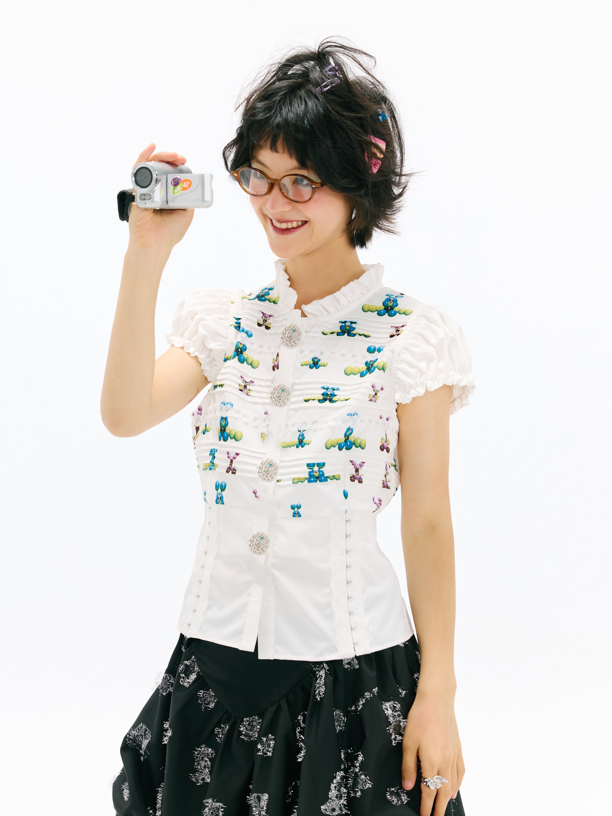 sillysis - Colorful Lace Puff Sleeve Blouse shirt sillysis