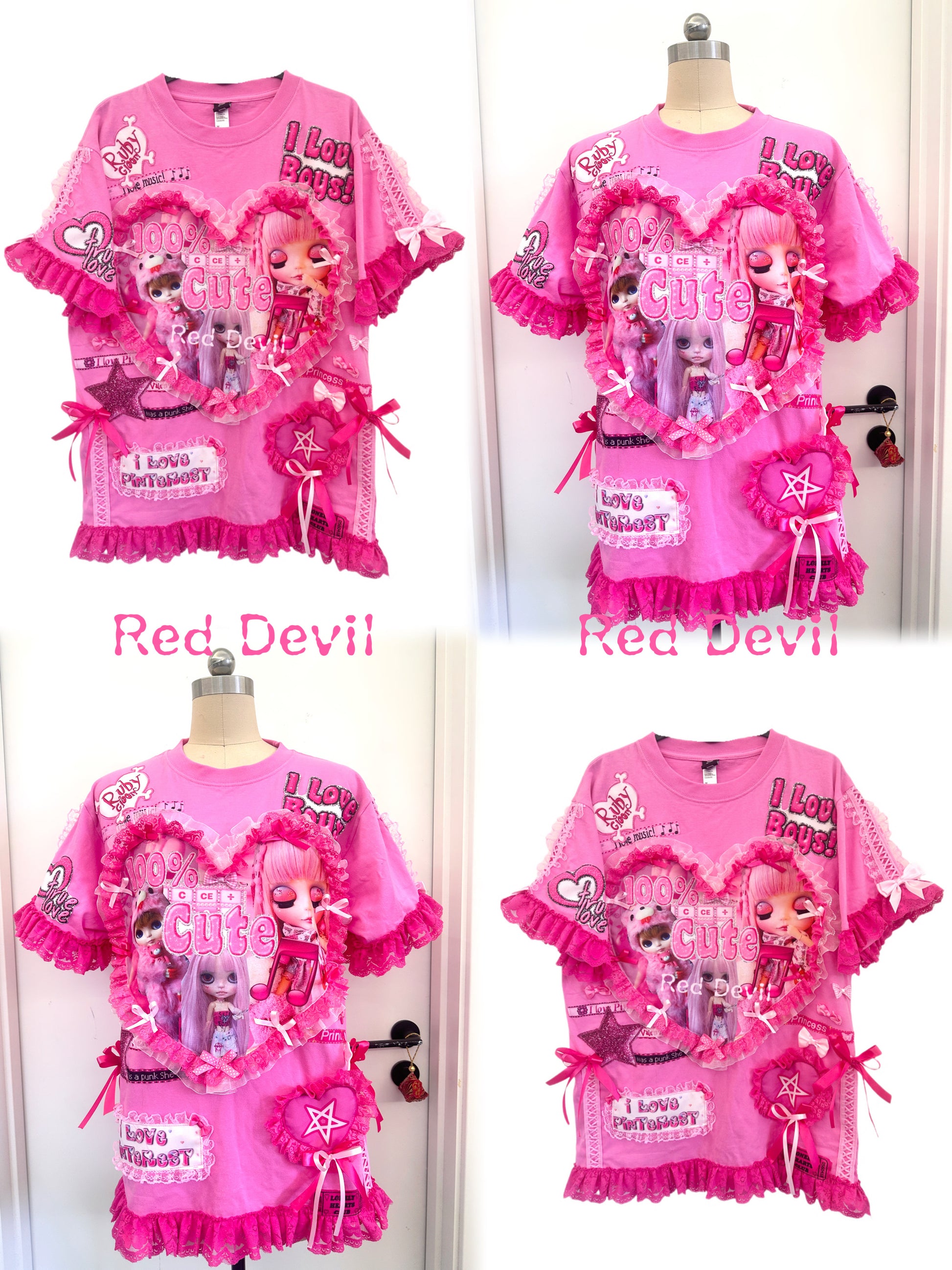 RedDevil Kawaii Puff Short Sleeve Top | Harajuku Decora Lace Heart Tee tshirt Red Devil