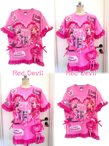 RedDevil Kawaii Puff Short Sleeve Top | Harajuku Decora Lace Heart Tee tshirt Red Devil
