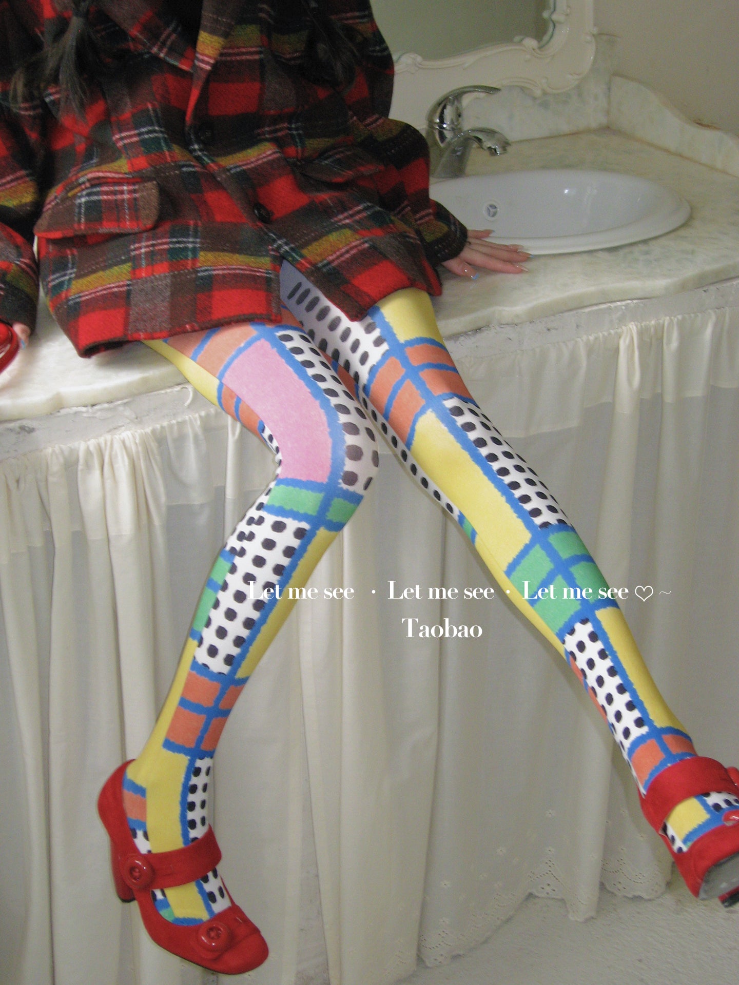 LET ME SEE 原创小众撞色格子印花连裤袜 千禧y2k时髦波 tights let me see