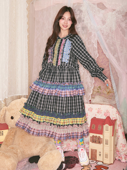 tntntutu - Dopamine Colorblock Plaid Dress Kawaii Ruffle Wave Hem Dress dress tntntutu