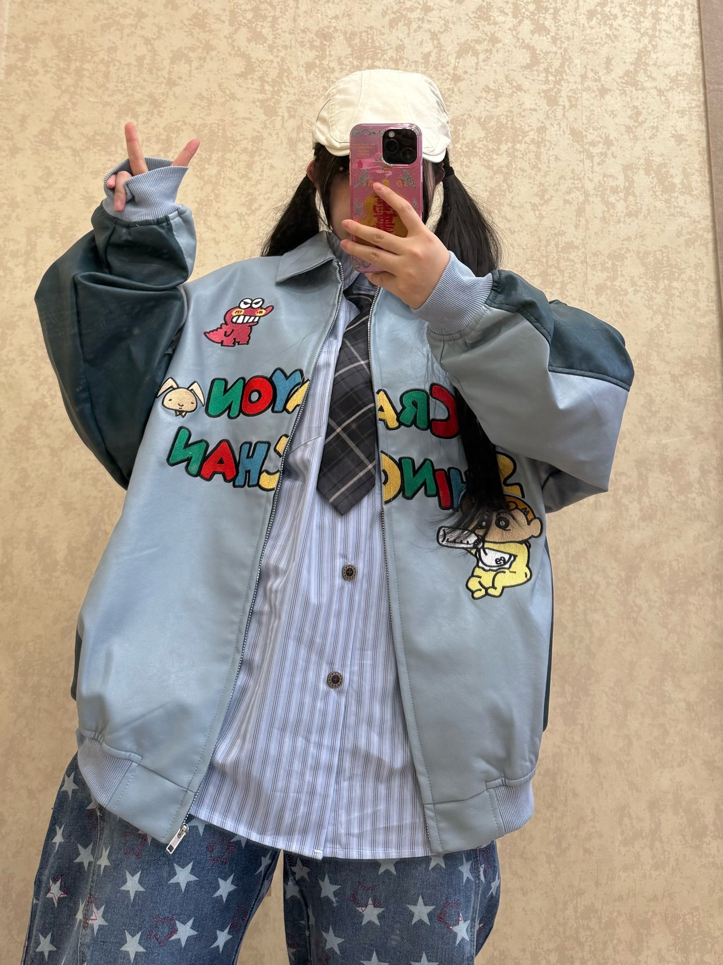 BIBULU - Kidcore Baseball Jacket Blue Embroidered PU Unisex jacket BIBULU