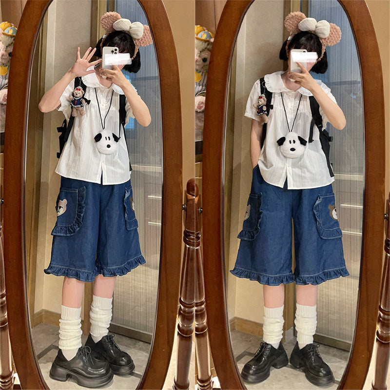 Naive – Embroidered Bear Denim Shorts pants Naive