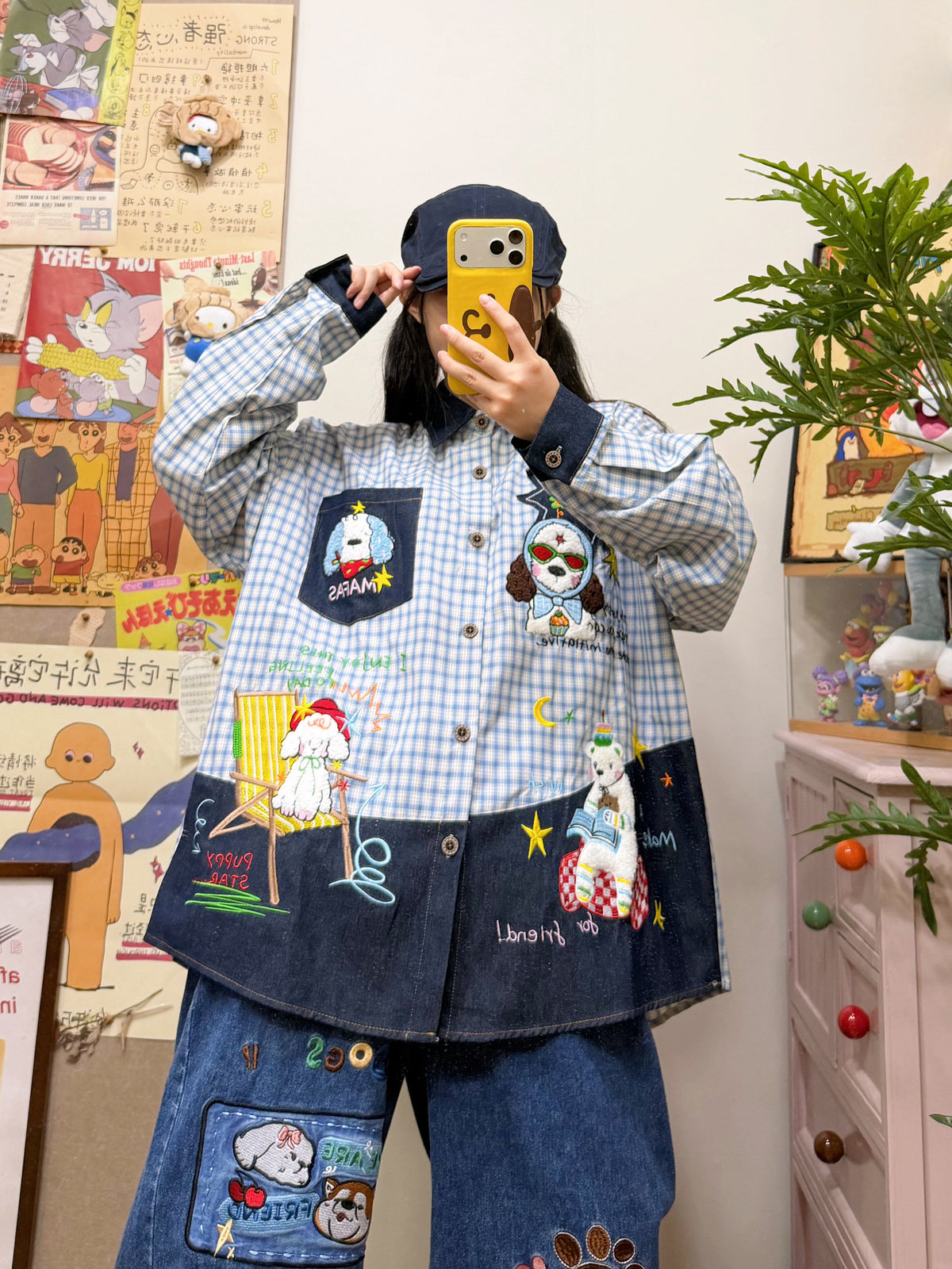 BIBULU - Kawaii Dog Embroidered Plaid Shirt shirt BIBULU