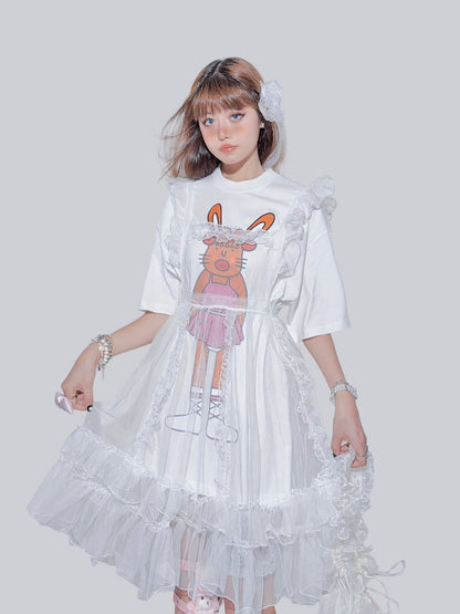 FANLOVEGIRL - Bunny Graphic Layered T-Shirt | Kawaii Harajuku Mesh Overlay Top set FANLOVEGIRL