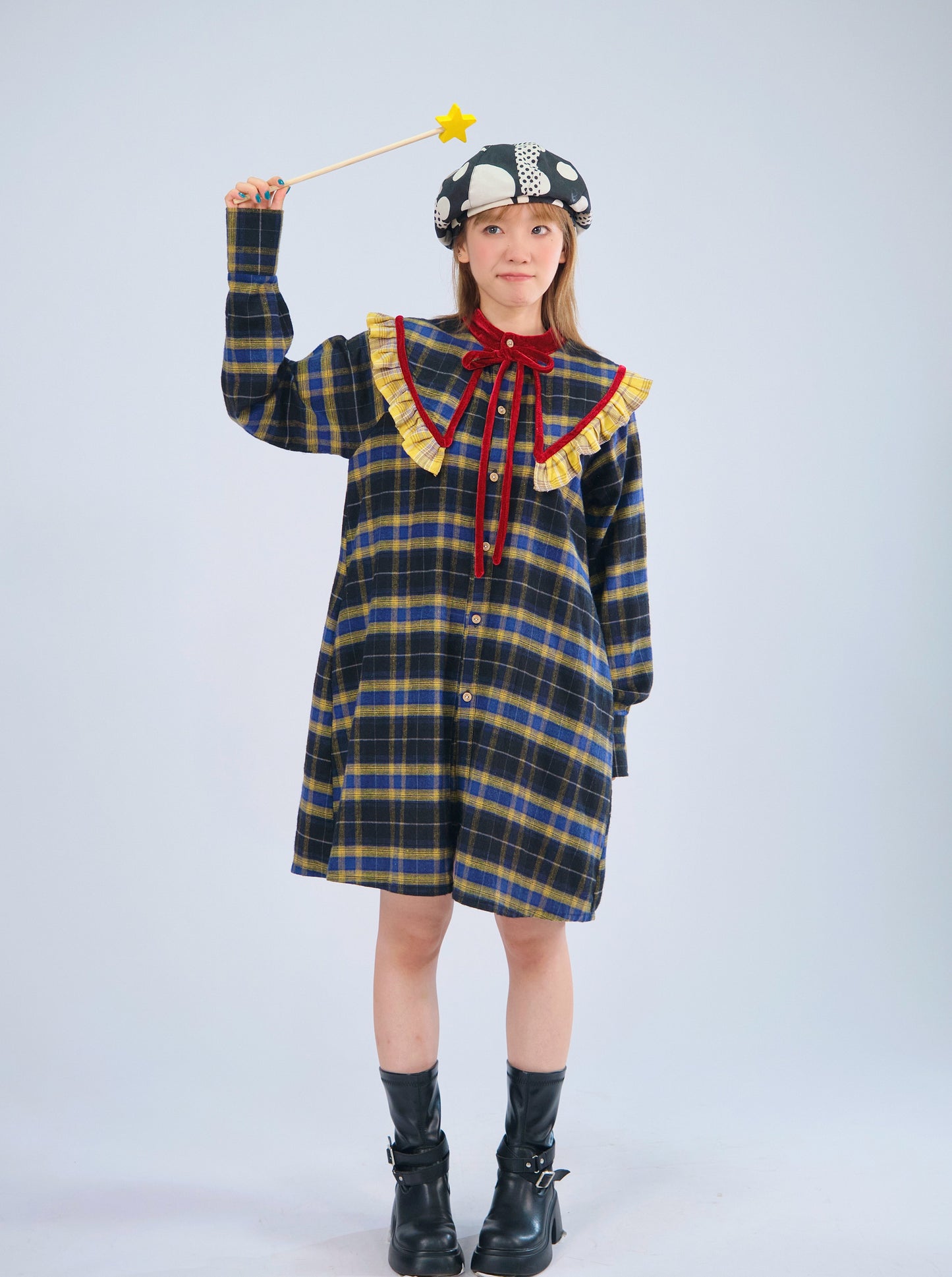 MeowMeow Bug - Vintage Plaid Bow Shirt Dress
