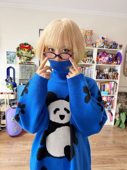 bunnybunnygun - Retro Panda Turtleneck Long Blue Sweater sweater bunnybunnygun