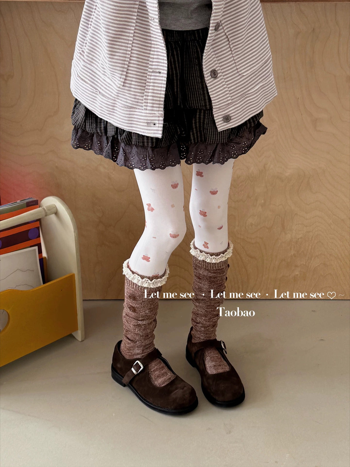 LET ME SEE - Cartoon Bear Print White Tights tights let me see