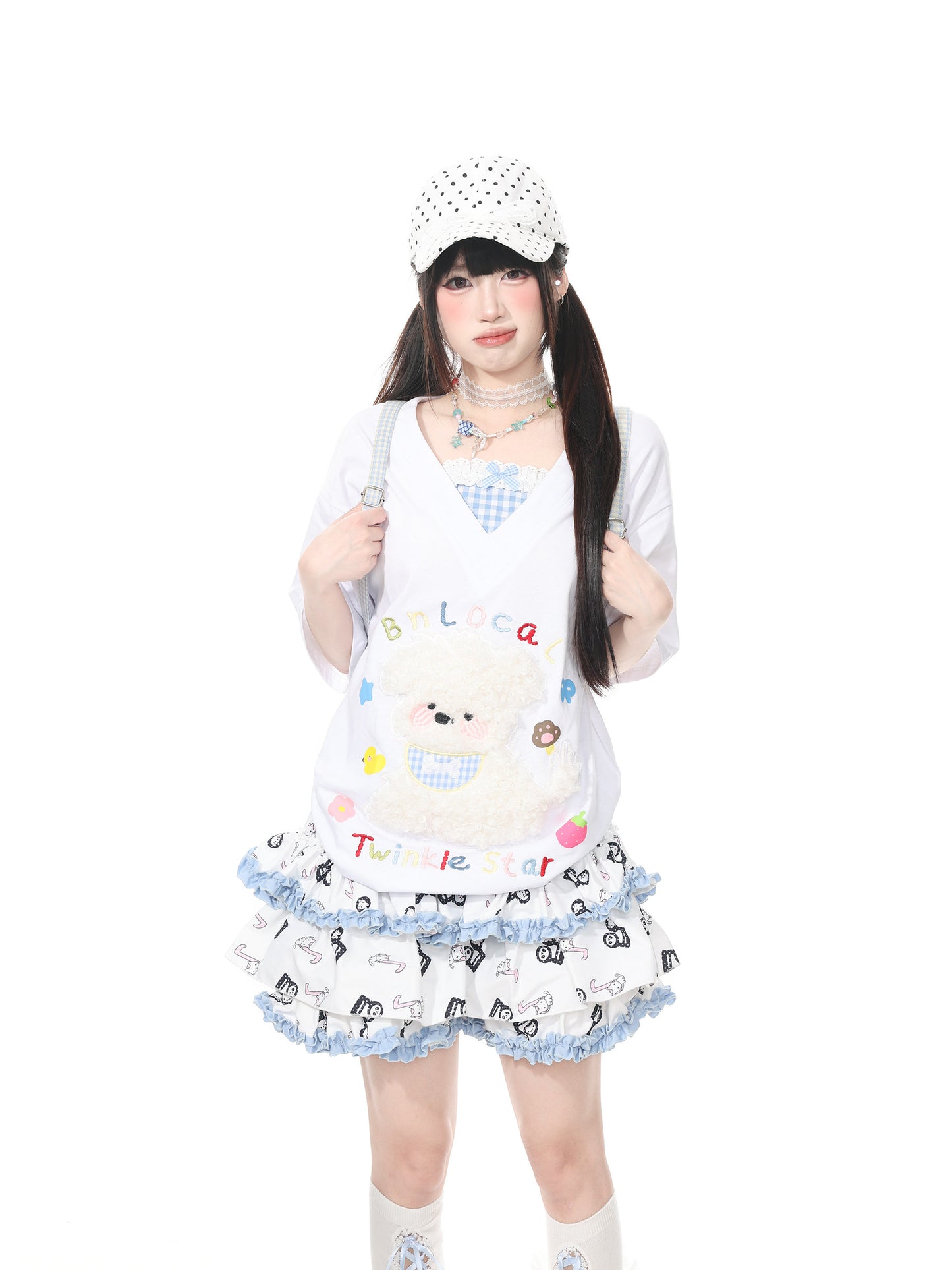 Languid Park - Dog Applique Bow V-Neck Tee tshirt Languid Park