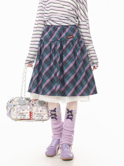 Languid Park - Lace Trim Plaid Midi Skirt