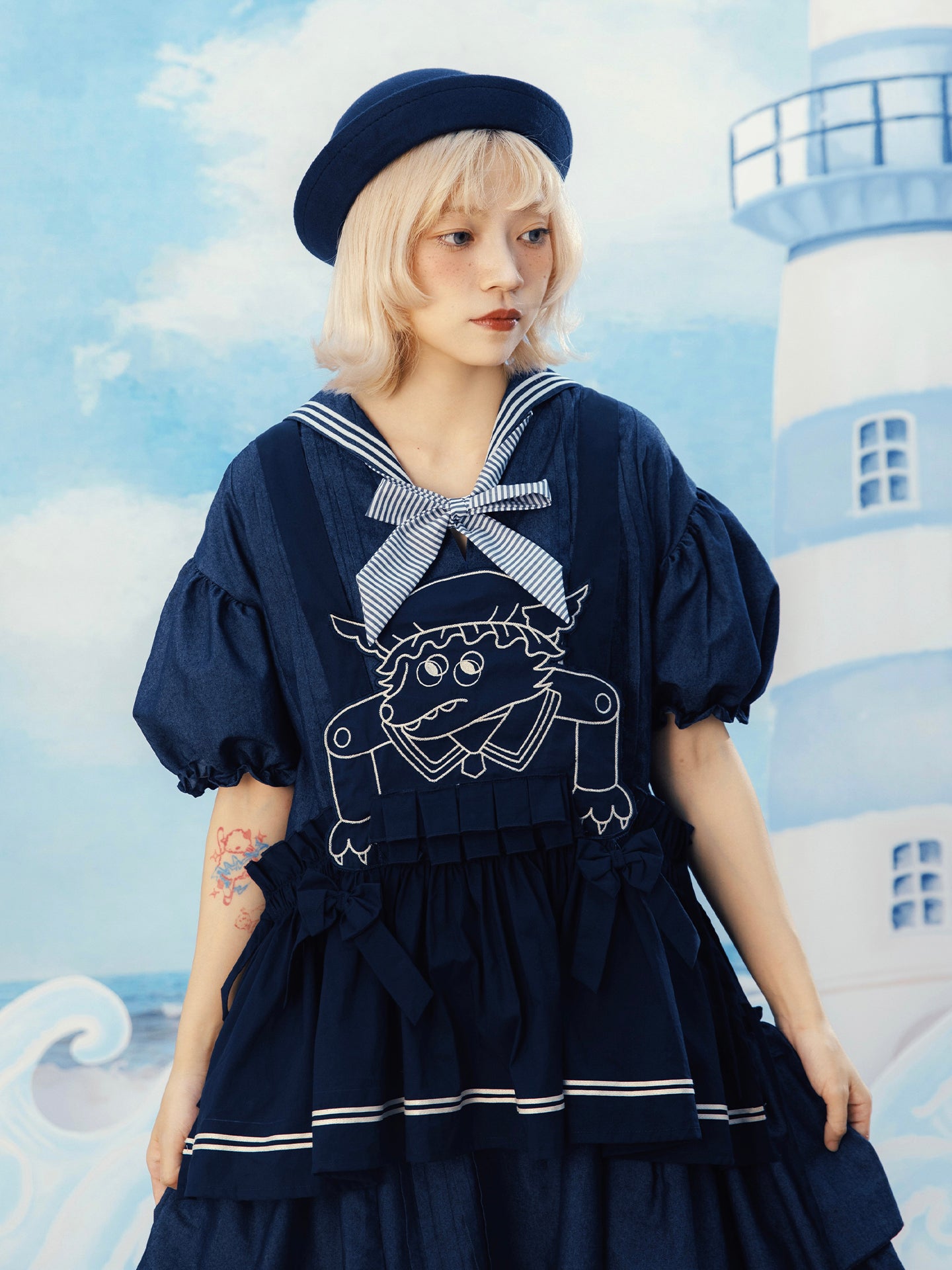 Meugler - Kawaii Apron Dress Navy Sailor Wolf Embroidery Ribbon Dress dress Meugler