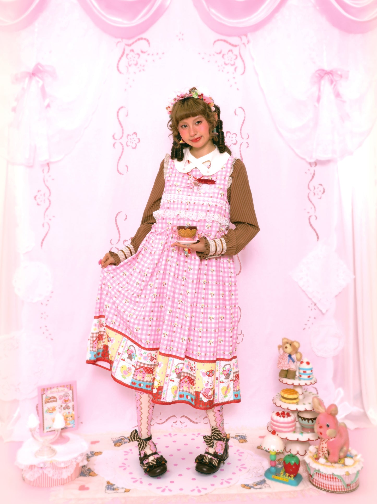 Lutra Jump - Kawaii Pink Plaid Bunny Dress Lace Bow Long Loose dress Lutra Jump