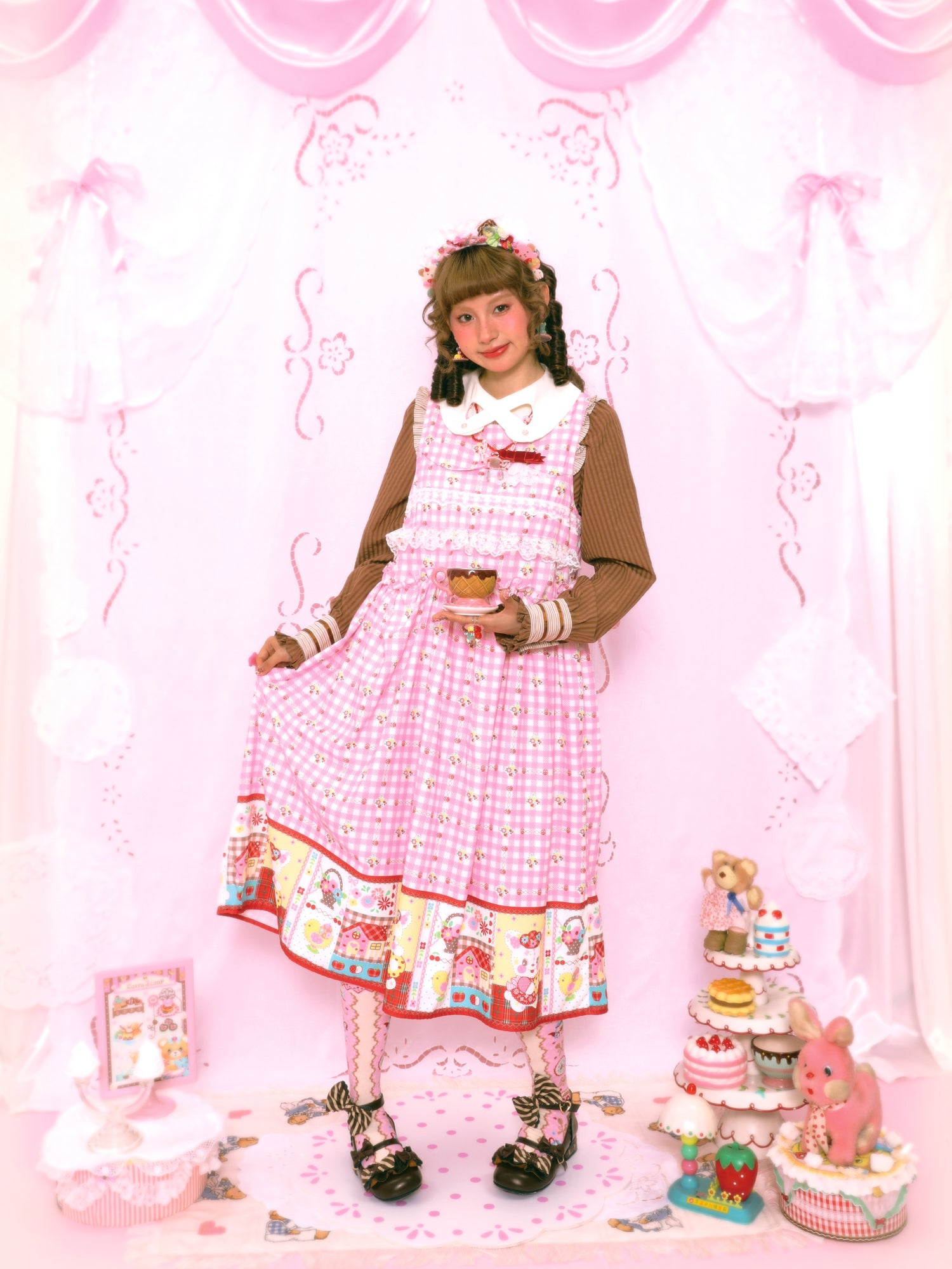 Lutra Jump - Kawaii Pink Plaid Bunny Dress Lace Bow Long Loose dress Lutra Jump