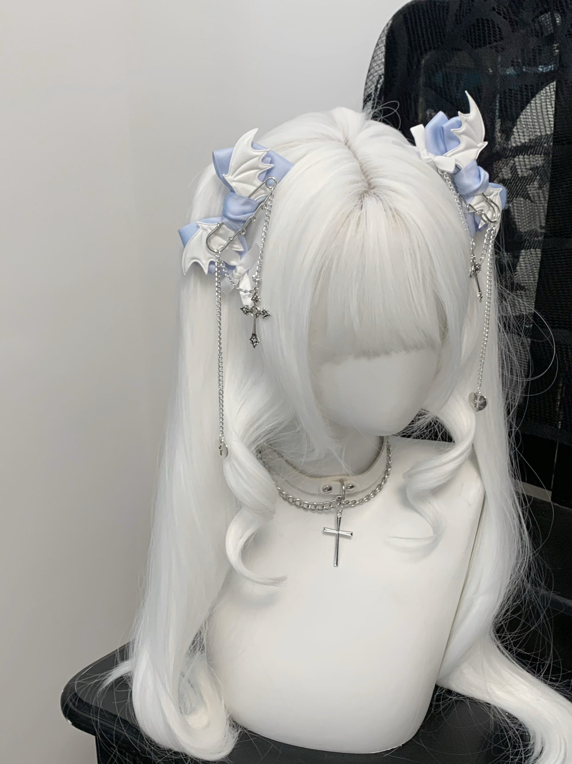 1Gangster Inn - Blue Black Cross Gothic Bow Hair Clip hair clip 1GASTERINN