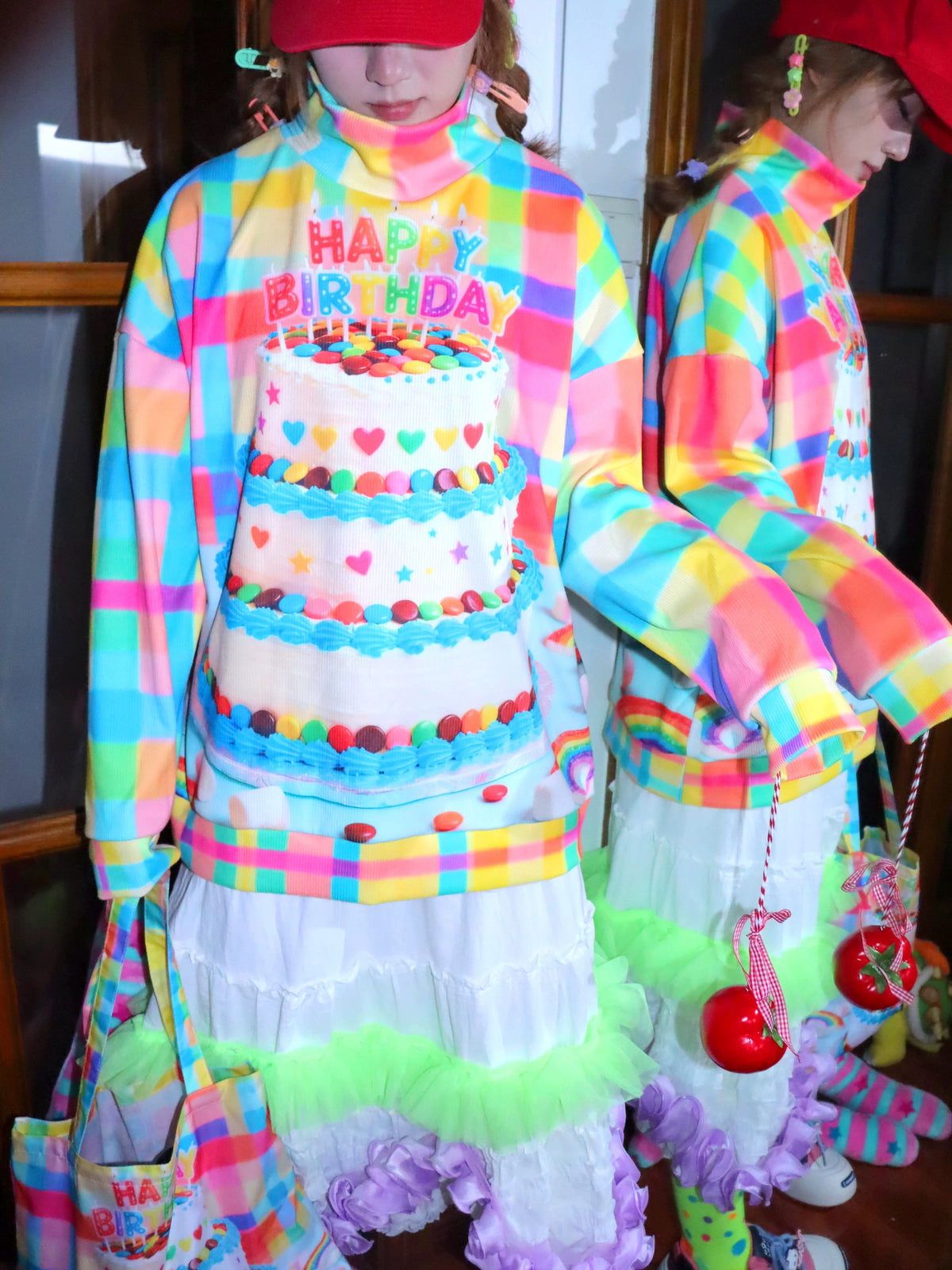 LEERROO - Y2K Dopamine Print Plaid Sweatshirt sweatshirt Leerroo