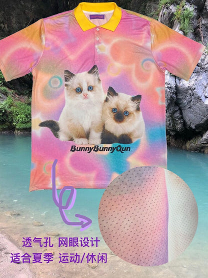 bunnybunnygun - Cat Mesh Oversize Polo Shirt shirt bunnybunnygun