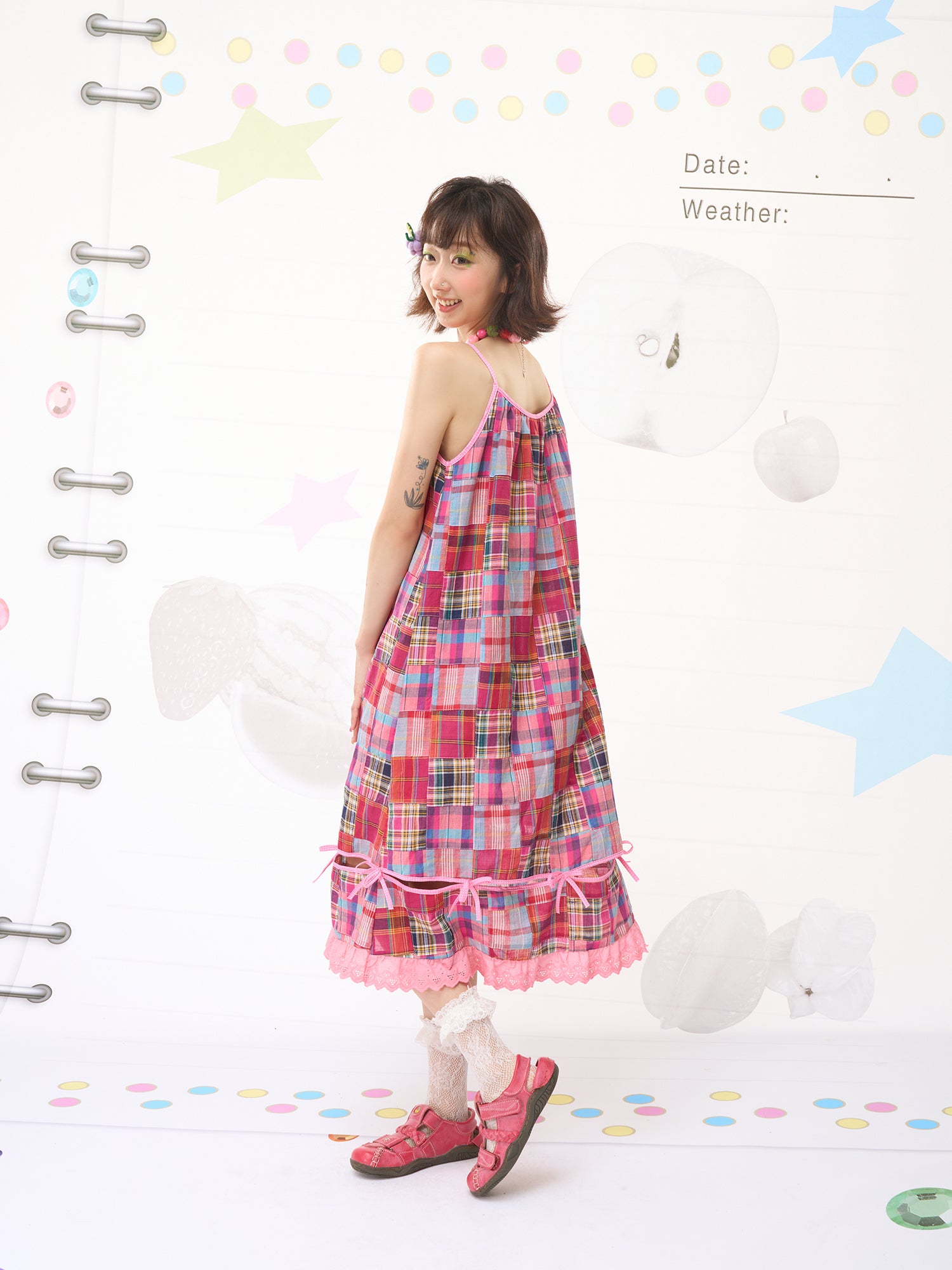 FRUITS Checkered Dress | Red Patchwork Strap Dress dress Fruits