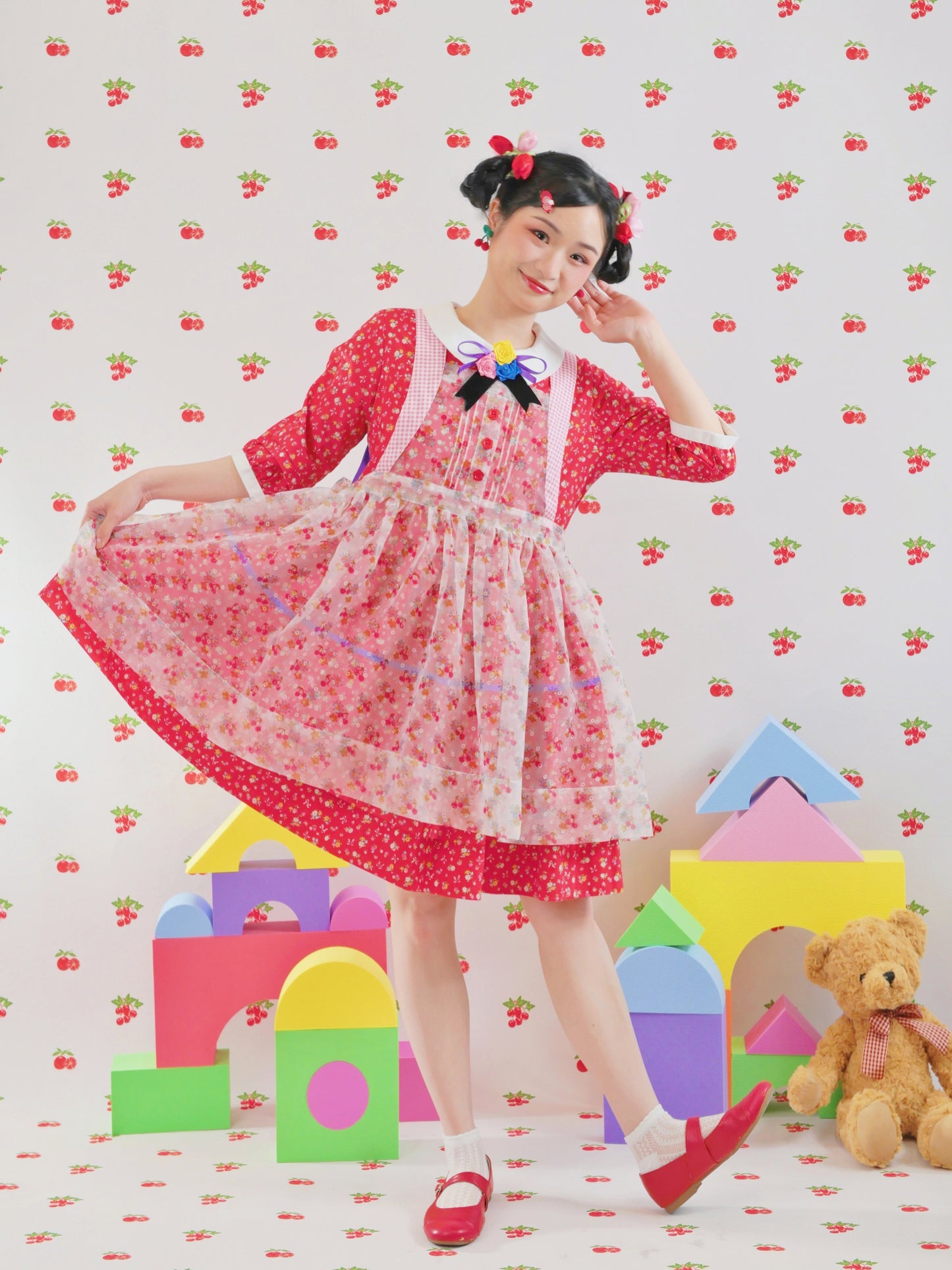 GOODBABY - Sheer Cherry Puff Cover Top overskirt dress