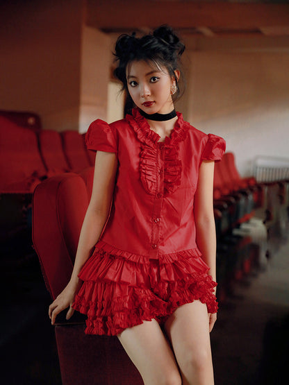Nanjun Vintage – Red Ruffle Shirt Skirt Set set Nanjun Vintage