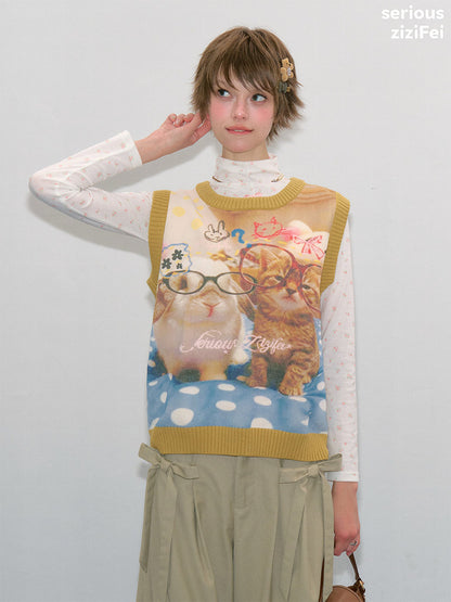 ziziFei - Yellow Cat Print Vintage Knit Vest vest ziziFei