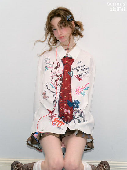 ziziFei - White Graffiti Tie Print Oversized Shirt shirt ziziFei
