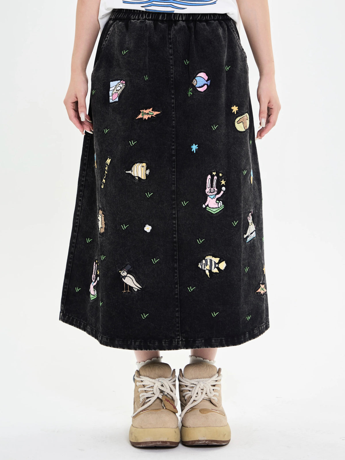 Robootoo - Embroidered Animal Denim A-Line Skirt
