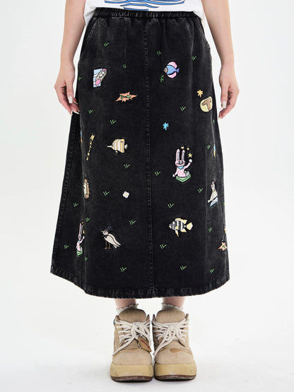 Robootoo - Embroidered Animal Denim A-Line Skirt