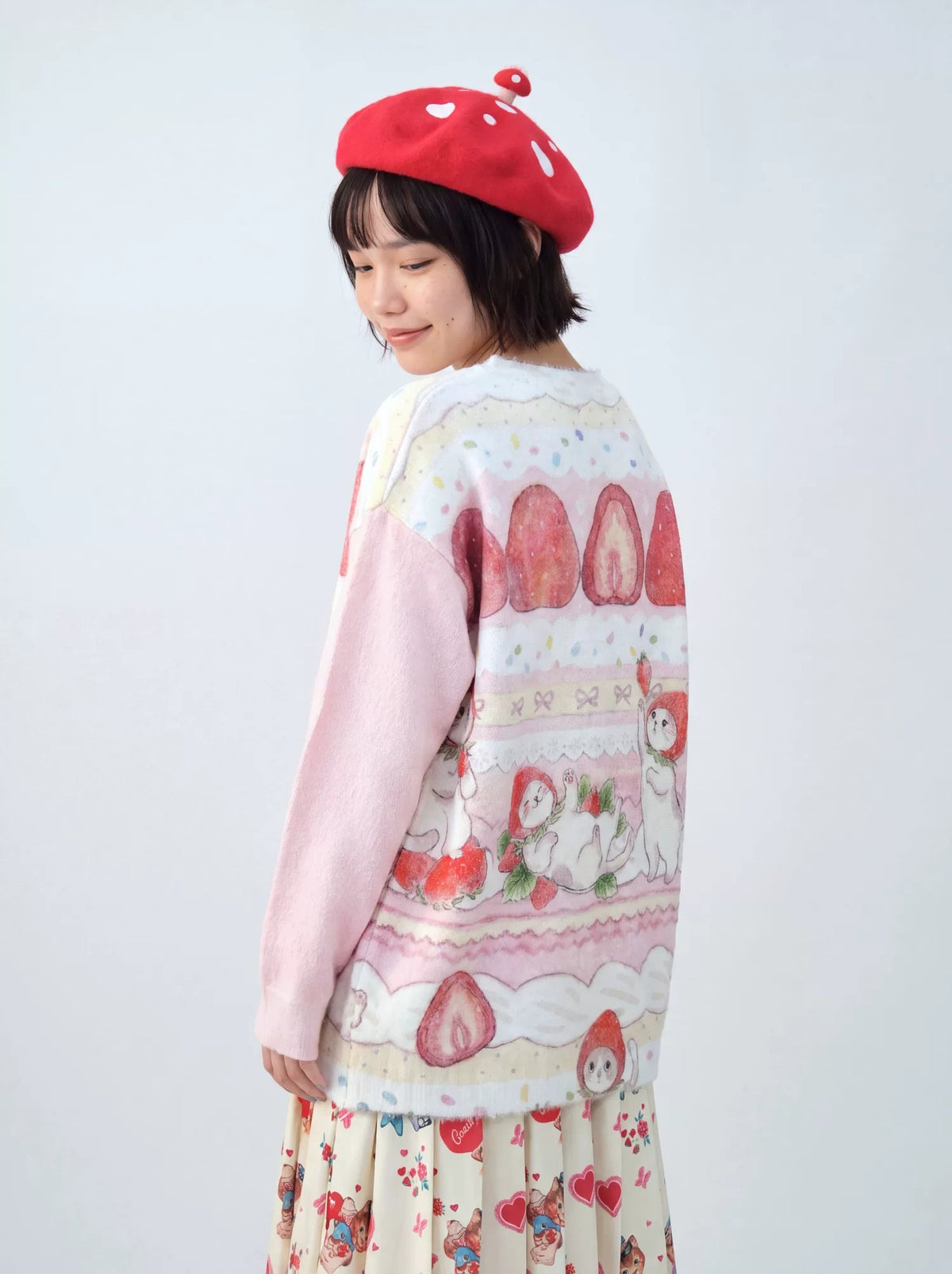 MeowMeow Bug - Strawberry Cake Cat Print Knit Cardigan cardigan MeowMeow Bug